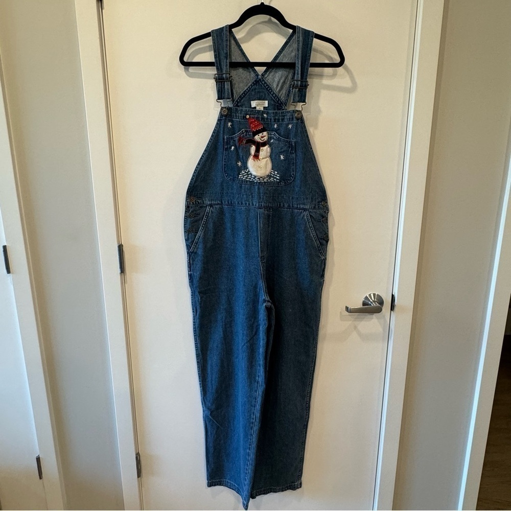 Women's Embroidery Snowman Winter Holiday Denim Overalls Vintage small y2k